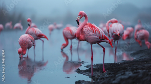 Capture the grace and beauty of pink flamingos as they adorn the serene landscape of a tranquil lake. Ai generated