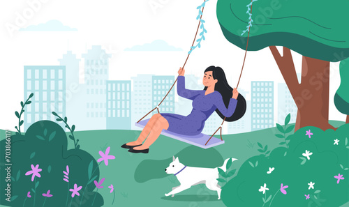 Woman resting on swing. Young girl with dog resting outdoor. Owner and domestic animal in city park. Fun and leisure at nature in spring or summer day. Cartoon flat vector illustration