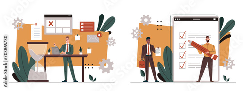 Schedule planning set. Two men with to do list and calendar. Time management and scheduling, organizing effective work process. Cartoon flat vector collection isolated on white background