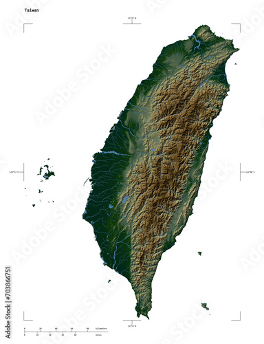 Taiwan shape isolated on white. Physical elevation map photo