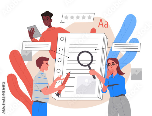 Script check concept. Programmers and IT specialists check code. Development of programs and applications, software. Users with guidebook and tutorial. Cartoon flat vector illustration