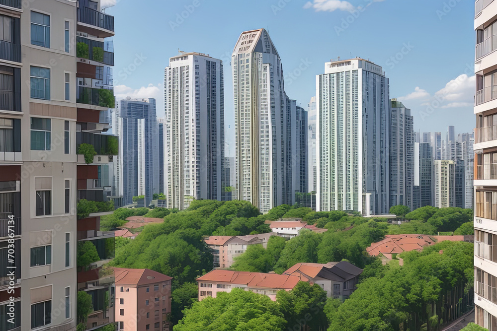 futuristic urban oasis blending nature. Cityscape featuring apartment buildings amid lush green vegetation. Serene view blending city life with nature's touch.