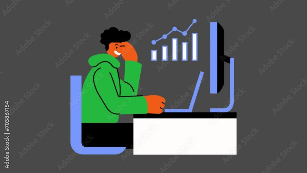 Cartoon animation of a man monitoring financial movements on his computer