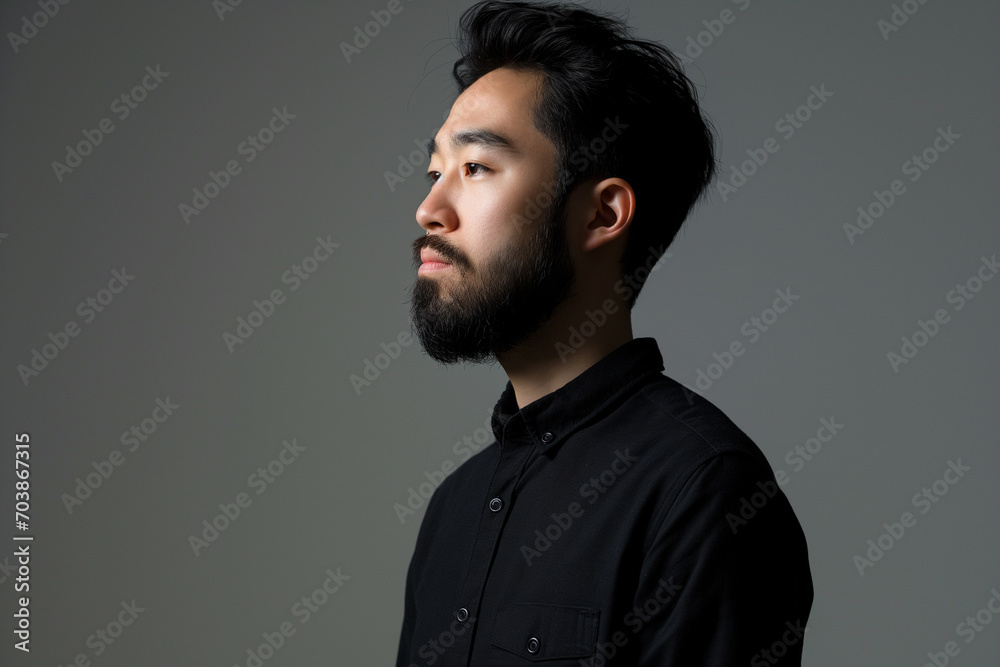 Portrait of young hadsome serious bearded Korean man on the grey background with space for text Portrait of young hadsome serious bearded Korean man on the grey background with space for text