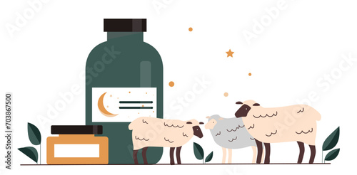 Set of items for sleep. Medicines od melatonin in glass jar with woolen ship. Dream, rest and relax, recuperation. Poster or banner. Cartoon flat vector collection isolated on white background