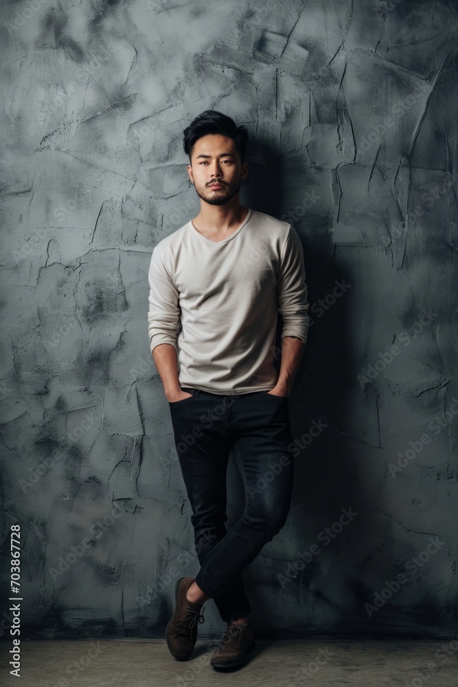 Young hadsome serious bearded Korean man stands against grey wall background