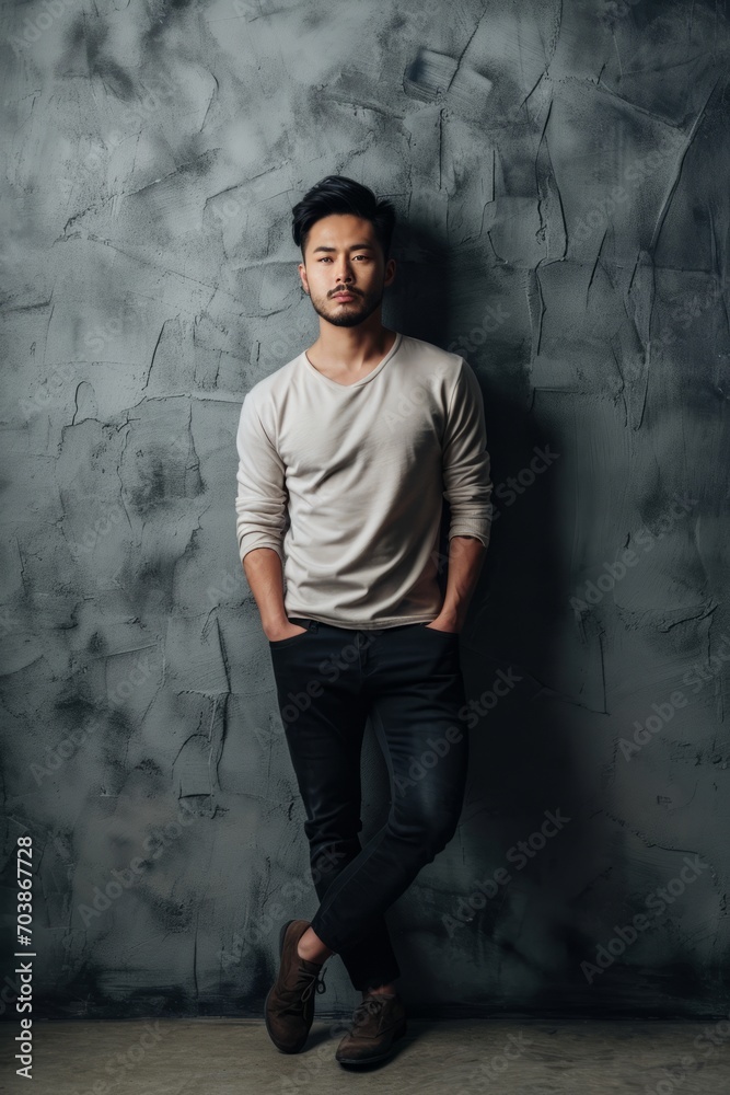 Young hadsome serious bearded Korean man stands against grey wall background Young hadsome serious bearded Korean man stands against grey wall background