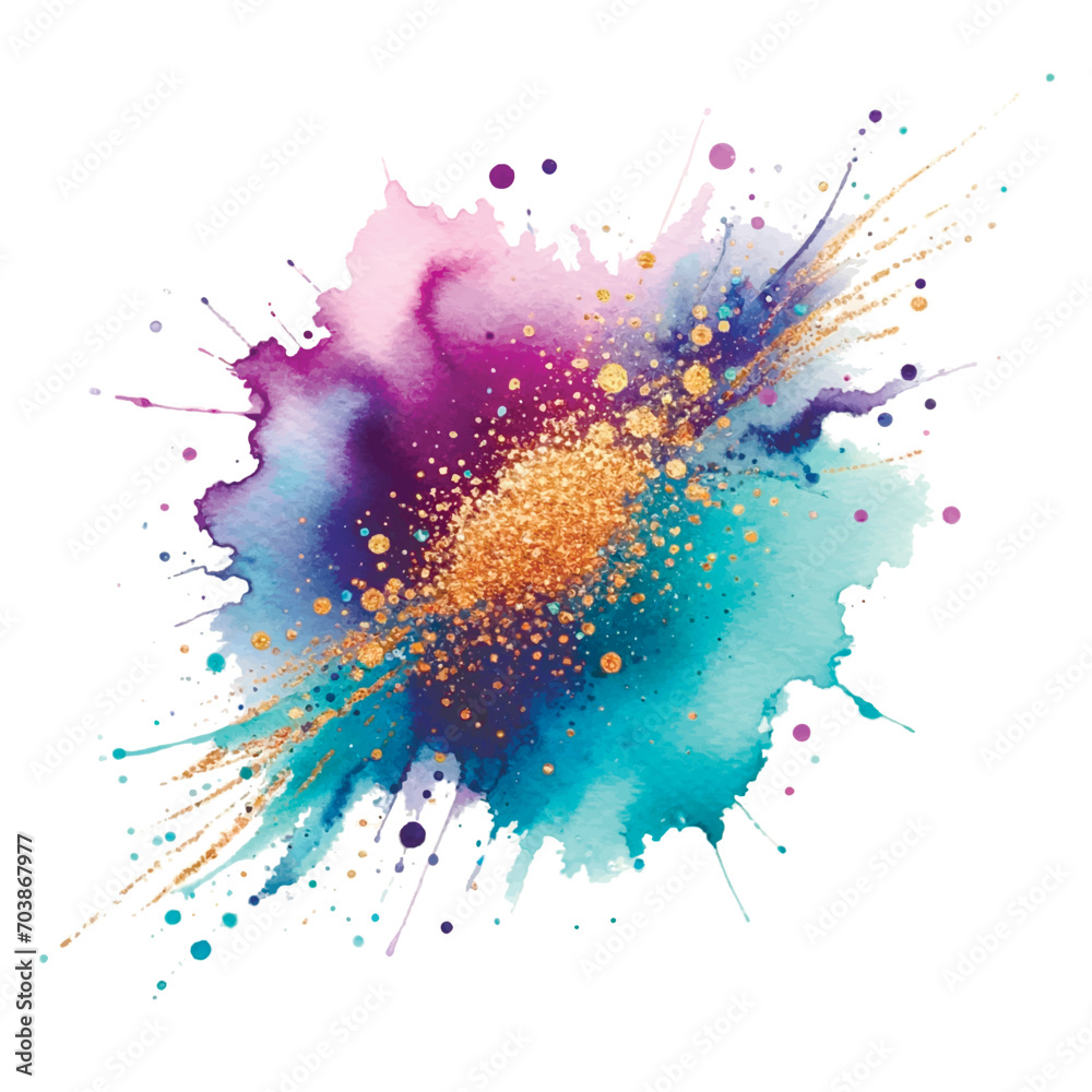 Violet blue watercolor splash blot splatter stain with wet effect gold glitter. Watercolor brush strokes. Beautiful modern hand drawn vector illustration. Isolated colorful design on white background