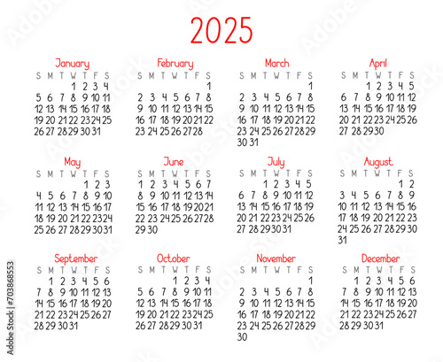 Calendar template for the year 2025 in simple minimalist style, week starts on Sunday, vector printable page