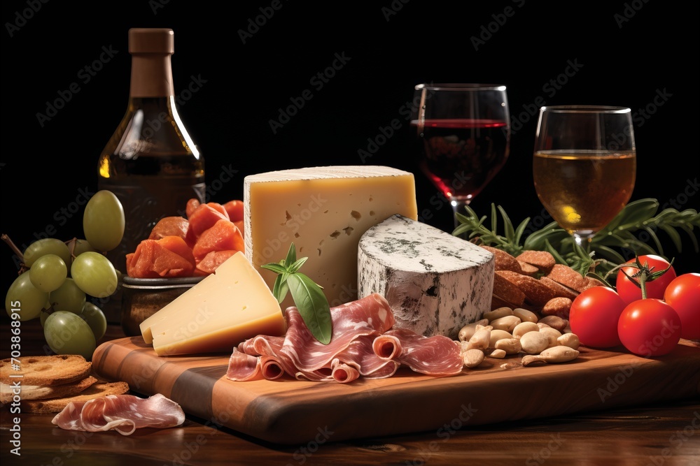 Authentic Italian Culinary Delights. Still Life Composition featuring Parmigiano Reggiano, Parma Ham, and Sparkling Prosecco - A Captivating Feast for the Senses.