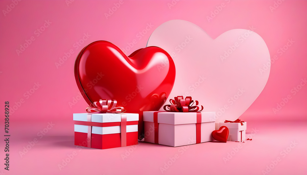 A tablet with hearts flying out of it, podium, Valentine's Day bacground
