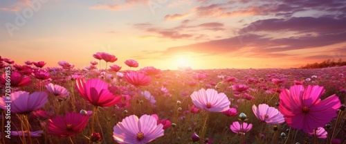 Landscape nature background of beautiful pink and red cosmos flower field on sunset © kashif 2158