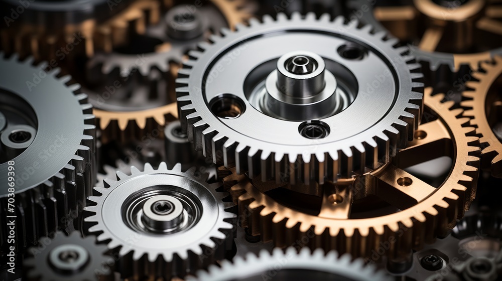 Precision Engineering with Metallic Gears and Cogs Close-up Precision Engineering with Metallic Gears and Cogs Close-up
