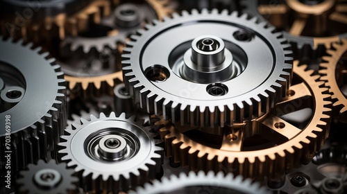 Precision Engineering with Metallic Gears and Cogs Close-up