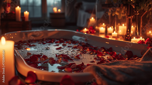 Create a luxurious and intimate atmosphere with an ultra-clear image of a candlelit bubble bath for two, complete with rose petals, offering a sensual and relaxing portrayal of romance.