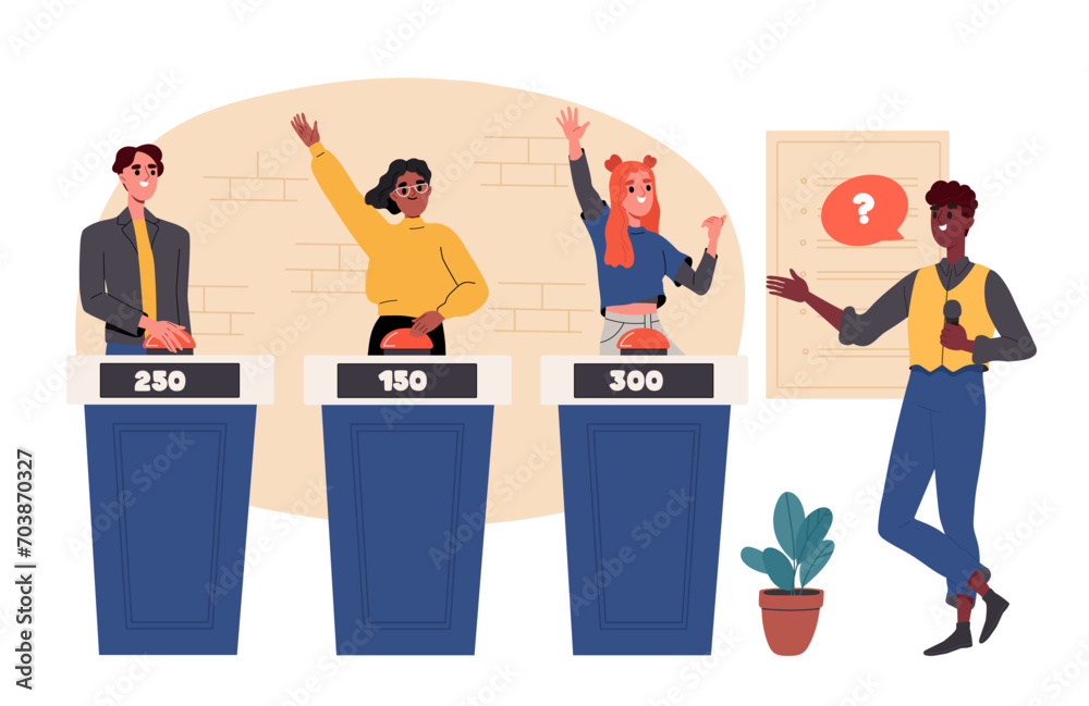 Television quiz show. Men and women with buttons. People answer to questions of host. Entertainmet and leisure, TV show. Cartoon flat vector illustration isolated on white background