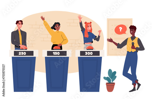 Television quiz show. Men and women with buttons. People answer to questions of host. Entertainmet and leisure, TV show. Cartoon flat vector illustration isolated on white background