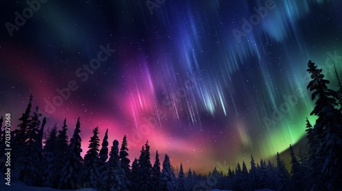 Majestic Aurora Borealis Over Snowy Pine Forest © Suryani