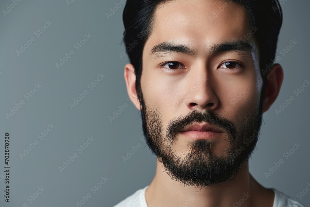Portrait of young hadsome serious bearded Japanese man on the grey background with space for text Portrait of young hadsome serious bearded Japanese man on the grey background with space for text