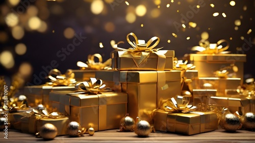 golden christmas gifts on bokeh background 3d render