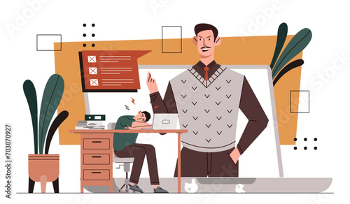 Man tired from work. Young guy sleep at workplace. Overworked employee with emotional burnout. Lazy worker in office. Frustration and depression, sadness. Cartoon flat vector illustration