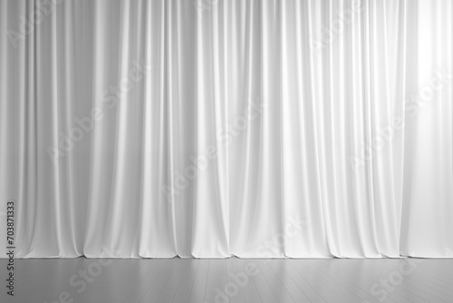 Empty white room with large white curtains, minimal style.