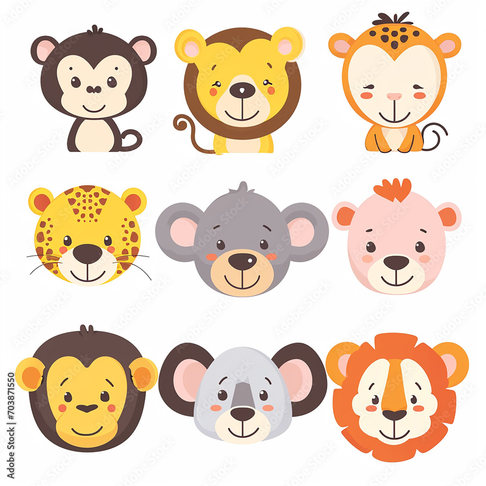Cute baby safari animal faces vector illustration. The set includes a tiger, lion, elephant, giraffe, zebra, hippo, rhino, and monkey Cute baby safari animal faces vector illustration. The set includes a tiger, lion, elephant, giraffe, zebra, hippo, rhino, and monkey