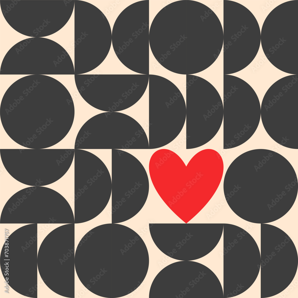 Fototapeta premium Seamless vector geometric pattern for Valentine's Day . Trendy geometric shapes with circles, squares and hearts in retro style for a Mother's Day or wedding day cover.