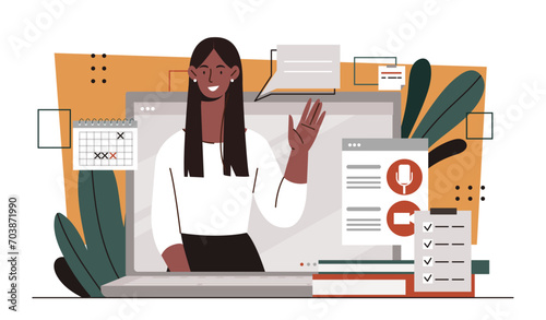 Woman with video conference concept. Happy young girl at laptop screen. Distance employee and remote worker. Communication and interaction on internet. Cartoon flat vector illustration