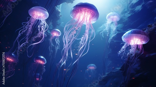 Luminous Jellyfish Floating in Deep Blue Sea