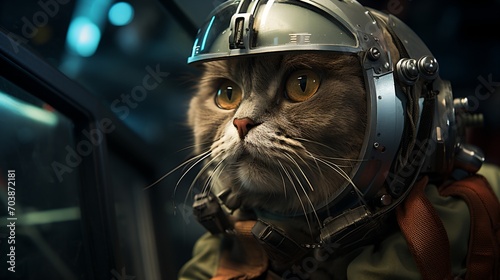 A cat wearing a spacesuit and helmet sits in the cockpit of a spaceship.
