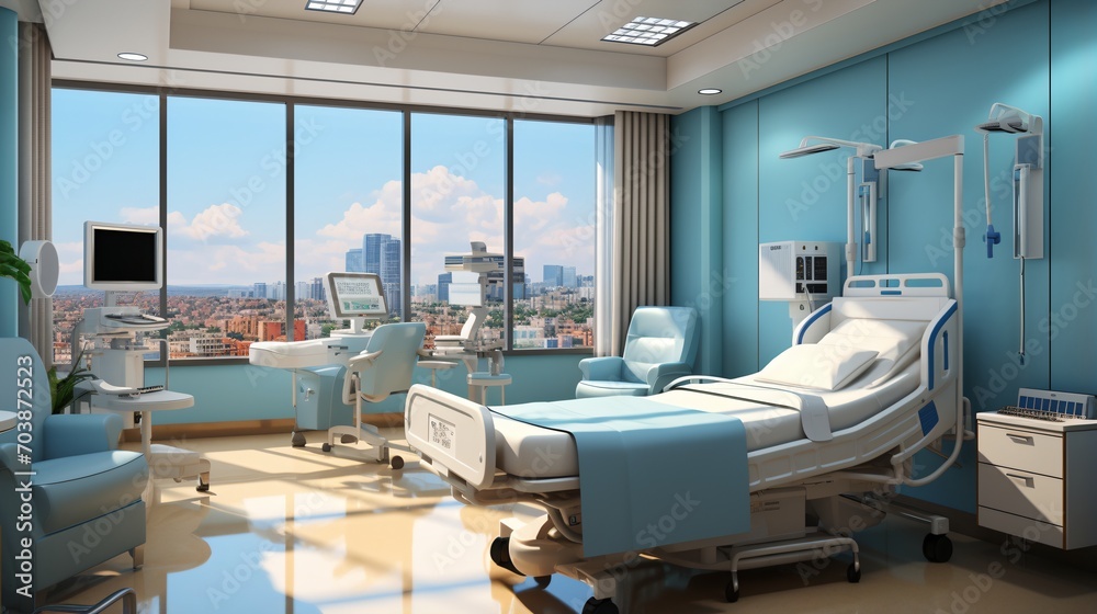 Modern hospital room interior with city view Modern hospital room interior with city view