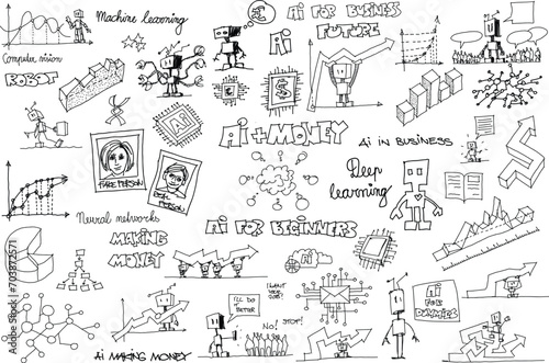 hand drawn architectural sketches of artificial intelligence topics and robots and network strucures and ai in finance and money and arrows