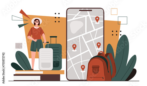 Woman prepare to travel. Young girl near smartphone screen with map. Holiday and vacation. Tourist and traveler with route and bags. Geolocation and navigation. Cartoon flat vector illustration photo