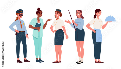 Women in professions set. Girls in uniform. Stewardess, policewoman and doctor, teacher. Traditional labour holiday and festival. Cartoon flat vector collection isolated on white background