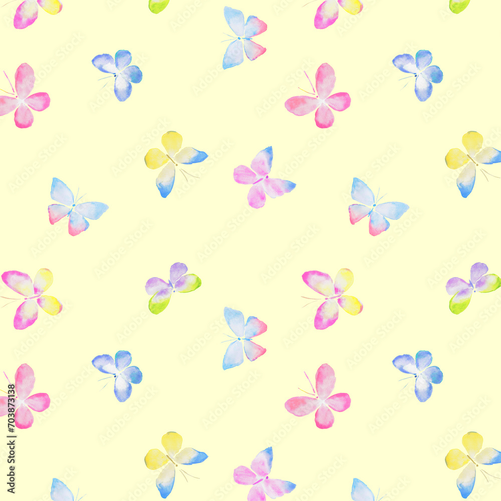 Butterfly pattern, background with colorful butterflies, yellow fabric pattern, pastel background with butterflies, wallpaper, pastel, insects, watercolor illustration