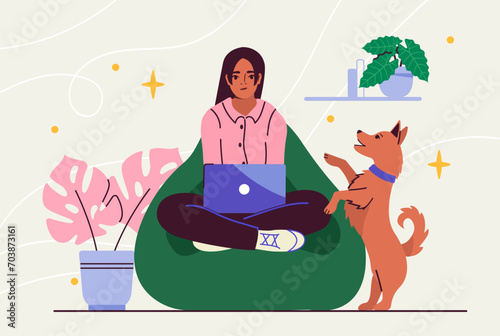 Woman work from home. Young girl sitting with laptop at green beanbag near dog. Owner with online earnings. Distance and remote worker or freelancer. Cartoon flat vector illustration