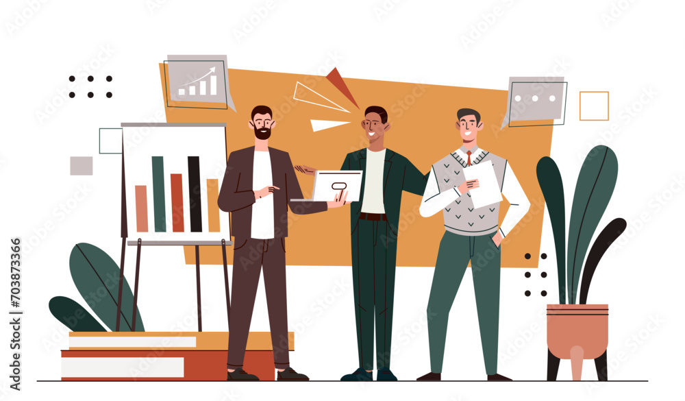 Obraz premium Successful team work concept. Man stands near graphs and diagrams. Statistics and infographics. Partners and colleagues work at common business project or startup. Cartoon flat vector illustration