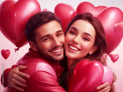 Elegant smiling valentine couple hugging each other with holding balloons in love