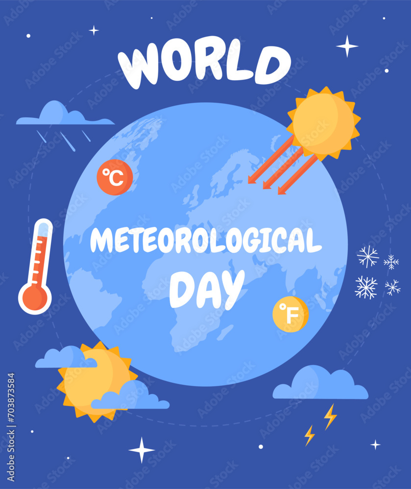 World meteorological day poster. International holiday and festival 23 March. Forecast weather. Graphic element for website. Sun near cloud with rain. Cartoon flat vector illustration World meteorological day poster. International holiday and festival 23 March. Forecast weather. Graphic element for website. Sun near cloud with rain. Cartoon flat vector illustration