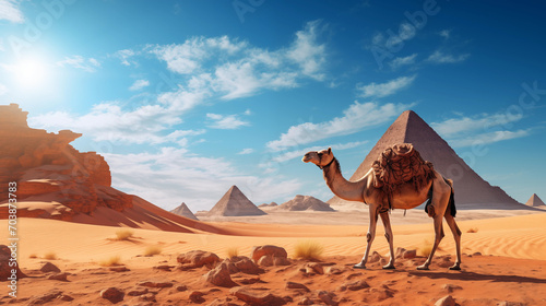Camel in Sahara standing in front of pyramids 