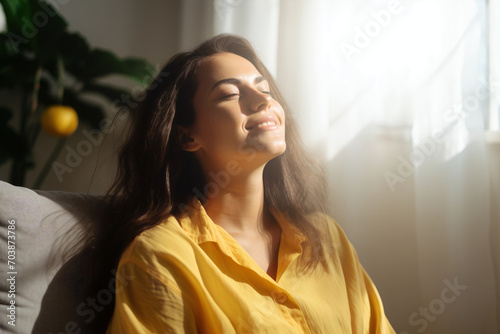 Happy woman relaxing on the sofa at home , good vibes people and new home concept, generative ai