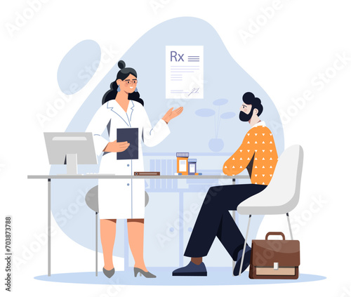 Doctor writing recipe concept. Woman in medical uniform with patient. Girl give prescription to man. Health care and treatment, medicine. Cartoon flat vector illustration isolated on white background