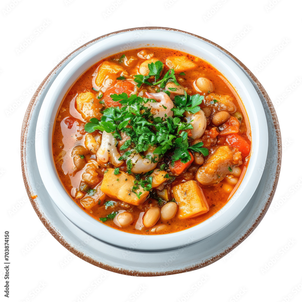 Traditional Portuguese feijoada stew of white bean squid and vegetables. Top view. Transparent background.