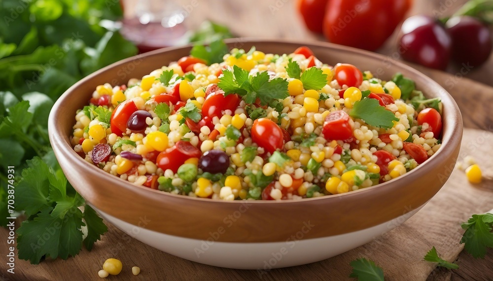A colorful medley of quinoa, cherry tomatoes, bell peppers, cucumbers, and corn, dressed A colorful medley of quinoa, cherry tomatoes, bell peppers, cucumbers, and corn, dressed