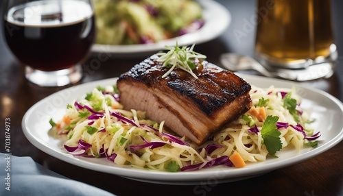 A generous portion of slow-roasted pork belly, the skin crackled to a deep golden brown