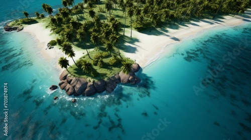 Aerial perspective capturing a collection of tropical islets adorned with lush palm trees  white sandy beaches  and shallow turquoise waters perfect for relaxation. Generative AI