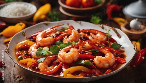 A fiery Szechuan shrimp dish, the reds and oranges of the chili oil dancing around succulent prawns