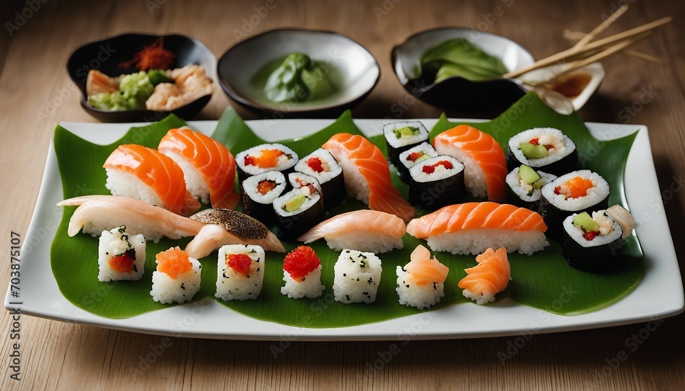 An array of sushi artfully arranged on a minimalist plate, capturing the essence of Japanese cuisine.