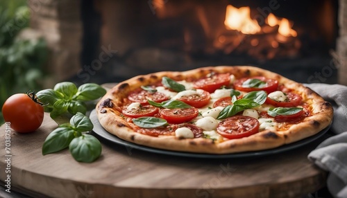 An artisanal pizza, fresh from the wood-fired oven, its bubbly mozzarella spotted with char